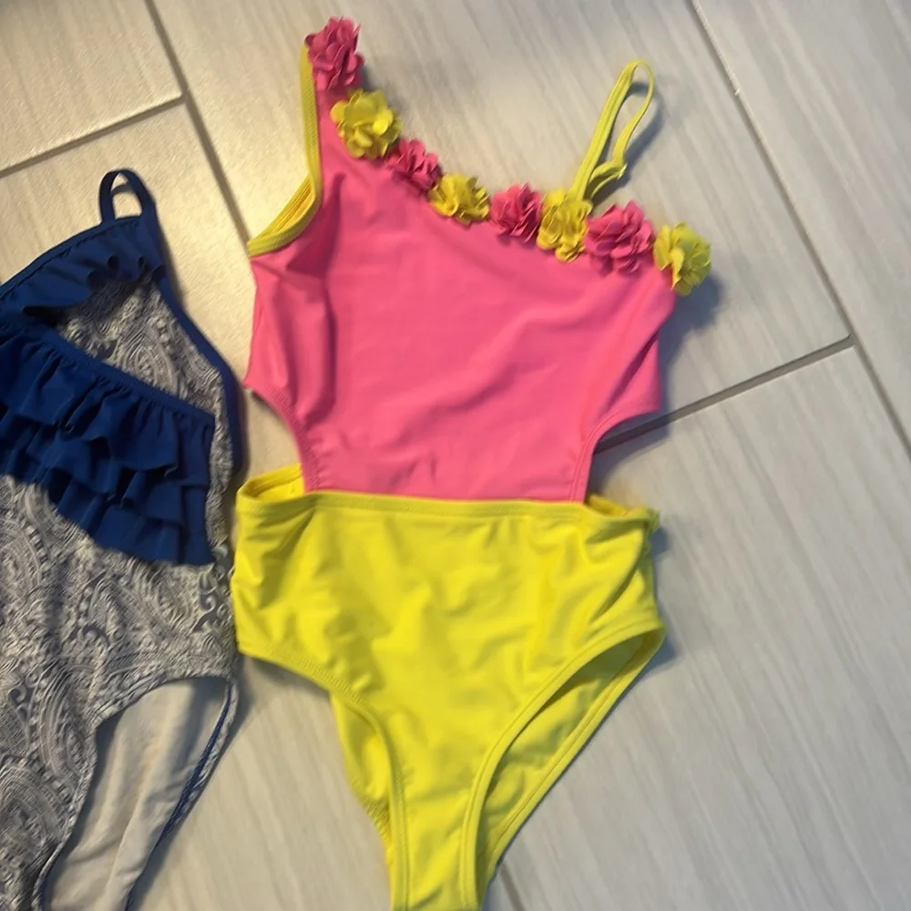 Cynthia Rowley Blue & Pink One Piece Girls Swimsuits with Textured Design